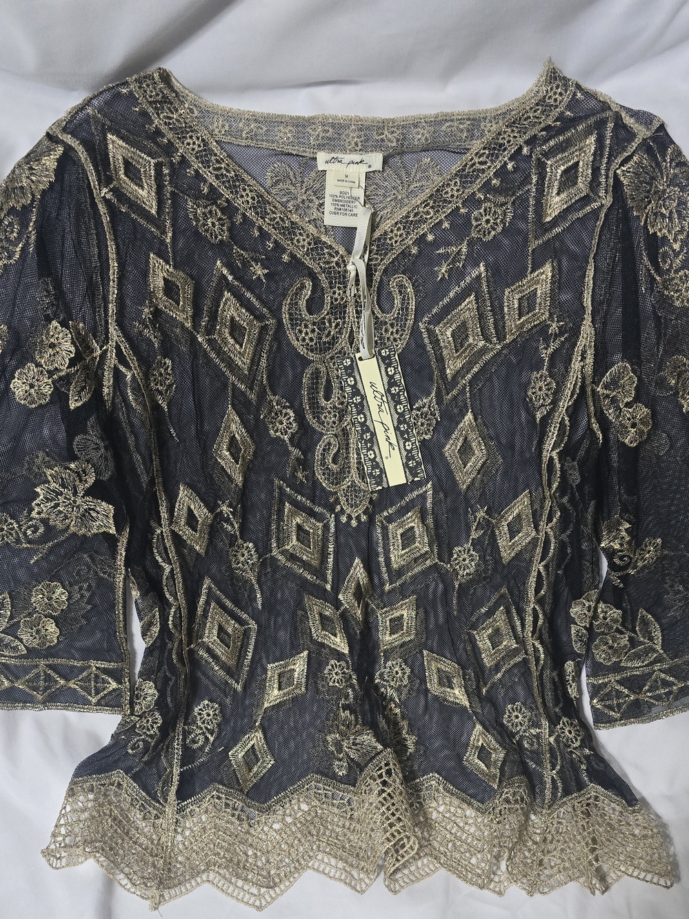 Ultra Pink Black Sheer Blouse with Gold Embroidery